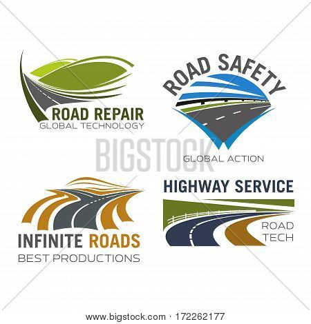Road, highway or motorway lane and expressway drive vector icons for safety driving sign, transportation route repair, construction or car vehicle insurance company and navigation application