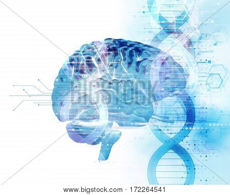 3D Illustration Of Human Head On Dna Molecules  Abstract Technology Background