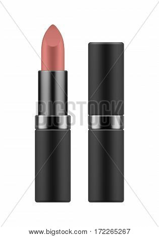 Mock-up of realistic pink lipstick. Decorative cosmetic product for beautiful glossy lip. makeup lipgloss in stick. Blank template of container. Vector illustration isolated on white background.