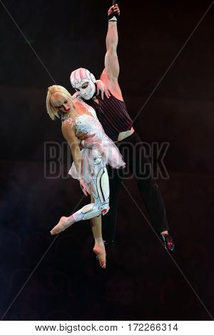 ST. PETERSBURG, RUSSIA - FEBRUARY 3, 2017: Dress rehearsal of the circus program CircUS 2.0. The program created in the Great Moscow Circus and reflects the vision of circus art of XXI century