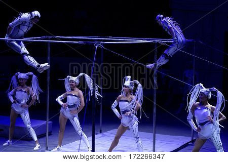 ST. PETERSBURG, RUSSIA - FEBRUARY 3, 2017: Dress rehearsal of the circus program CircUS 2.0. The program created in the Great Moscow Circus and reflects the vision of circus art of XXI century