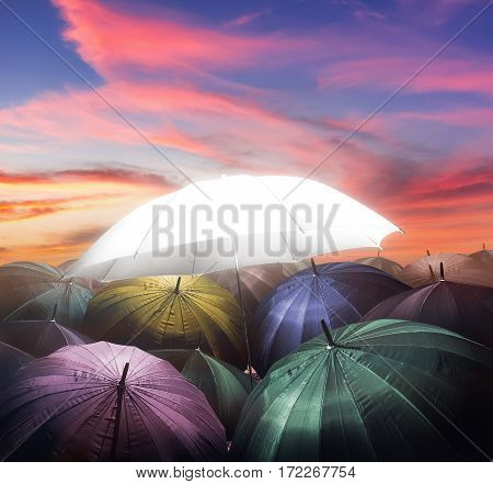 umbrella lights glowing standing out from crowd of dark umbrella Business leadership concept being different concepts.
