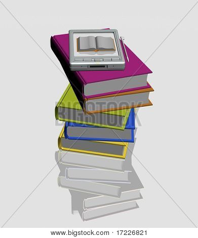 Pocket pc y pilas de libros sobre fondo blanco