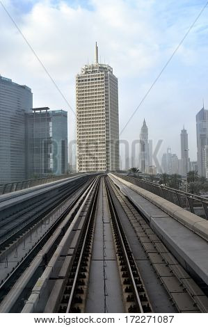 Dubai, United Arab Emirates - February 19, 2017, The Dubai Metro is a driverless, fully automated metro rail network in Dubai, United Arab Emirates