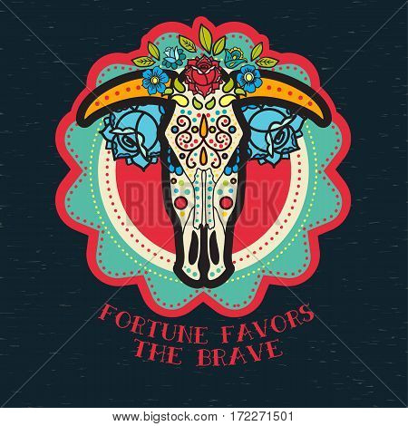Cow skull in boho style. Old school tattoo. American native a trendy print on t-shirt, bag. Decorated in the style of the day of the dead bull skull with horns, flowers, ribbon on white background
