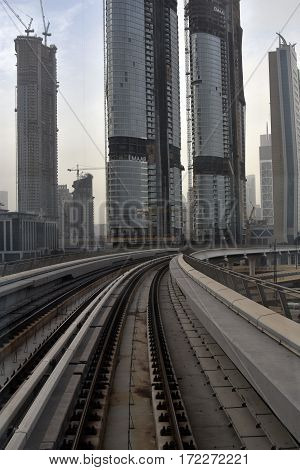 Dubai, United Arab Emirates - February 19, 2017, The Dubai Metro is a driverless, fully automated metro rail network in Dubai, United Arab Emirates