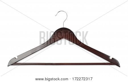 Single dark wooden hanger isolated over the white background