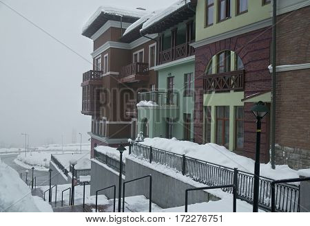 Sochi, Russia - January 21, 2017: Upper Gorky Gorod - all-season resort town 960 meters above sea level in the village of Krasnaya Polyana