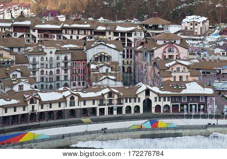 Sochi, Russia - January 24, 2017: Gorky Gorod - all-season resort town and gaming zone 540 meters above sea level in the village of Krasnaya Polyana
