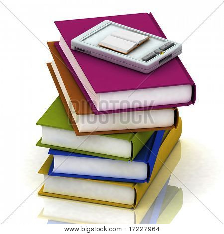 Pocket pc y pilas de libros sobre fondo blanco