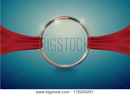 Abstract luxury golden ring with red cloth ribbon. Vector light vintage effect background. Round frame on deep volume turquoise. Space for your wedding message or logo.