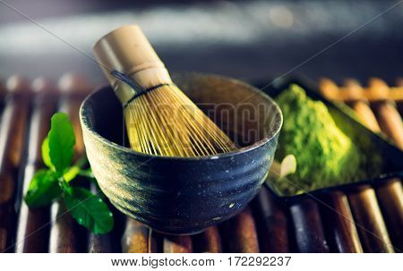 Matcha. Organic Green Matcha Tea ceremony. Matcha powder. Cooking with matcha, vegetarian food recipe