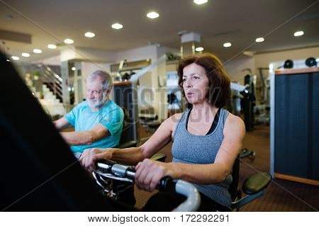 Beautiful fit senior couple in sports clothing in gym doing cardio workout, exercising on recumbent bicycle. Sport fitness and healthy lifestyle concept.
