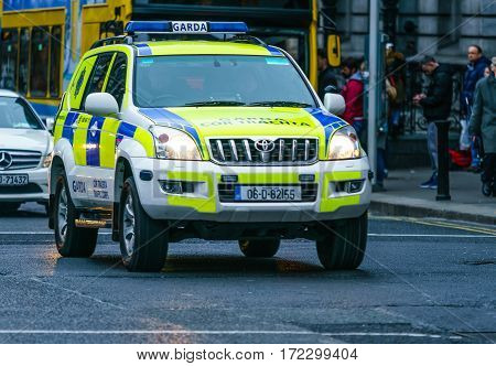 Dublin, Ireland - 19 Feb 2017: Gardai vehicle - Irish Police patrolling Dublin streets