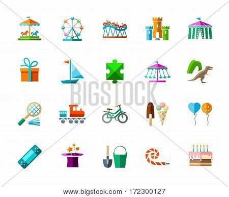 Children's games and entertainment, icons, color, vector. Vector icons of items and objects for children. Children's rest. Colored images on a white background with shadow.
