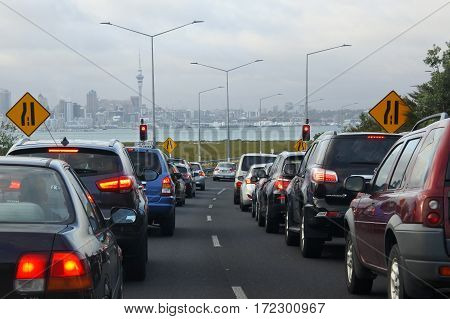 AUCKLAND - FEB 13 2017: Traffic jam in Auckland New Zealand.Auckland has the longest morning peak-time in Australasia from 5am - 10am.