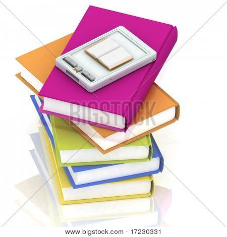 Pocket pc y pilas de libros sobre fondo blanco