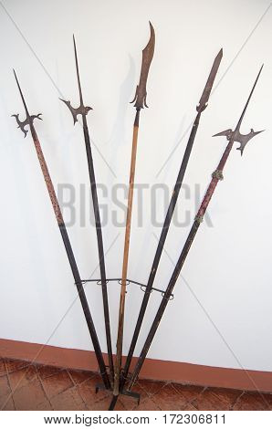 Ancient halberds in the corridor of a museum