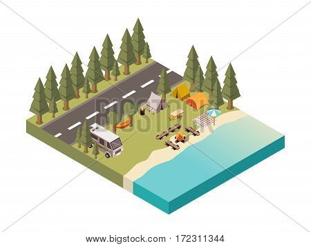 Camp between road and lake with tents and hammock bonfire on beach picnic blanket  isometric vector illustration