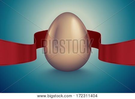 Glossy golden egg with red winding tape. Turquoise deep retro ribbon background idea. Vintage banner card poster for Easter business benefit concept.