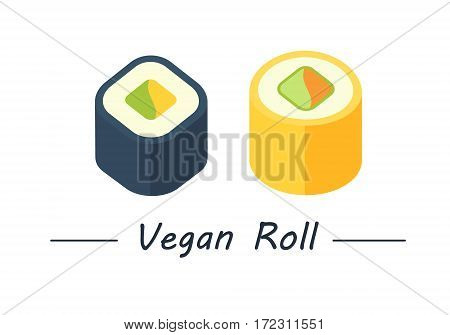 Vegan rolls with tortilla, carrot, cucumber and avacado. Sushi rolls set icons. Vector illustration. Flat style.