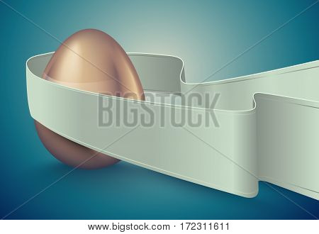 Glossy golden egg with white winding tape. Turquoise deep retro ribbon background idea. Vintage banner card poster for Easter business benefit concept.