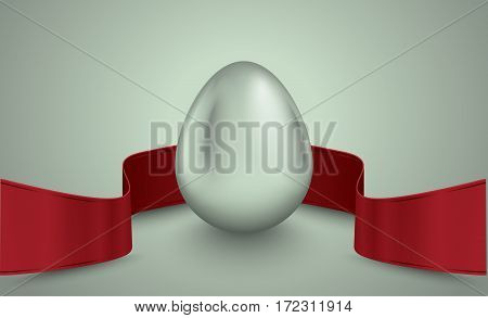 Glossy silver egg with red winding tape. Grey light retro ribbon background idea. Vintage banner card poster for Easter business benefit concept.