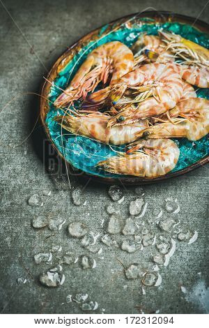 Raw uncooked tiger prawns on chipped ice in turquoise blue ceramic tray over grey concrete background, top view, copy space, vertical composition. Fresh seafood