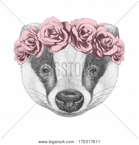 Portrait of Badger with  floral head wreath. Hand-drawn illustration.