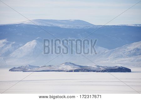 Lake Baikal, Ogoi Island. Winter. Sunset Landscape