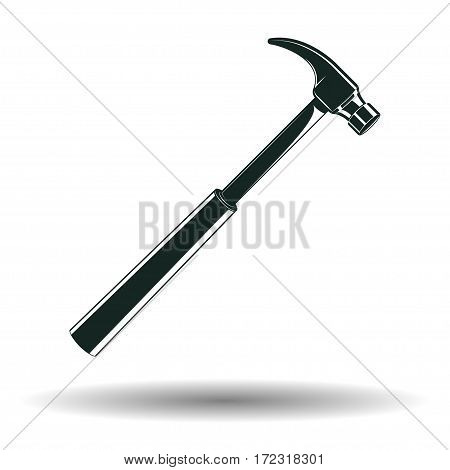 Monochrome hammer sign or icon, element for woodworking emblem or logo, isolated on white background, vector