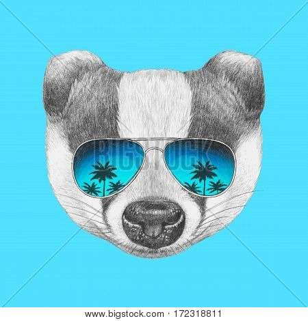 Portrait of Badger with mirror sunglasses. Hand drawn illustration.