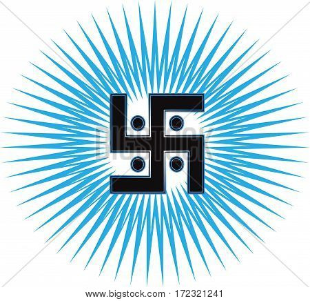 The most important symbol in the religion of Jainism -  the Sun Swastika, blue sun rays, vector