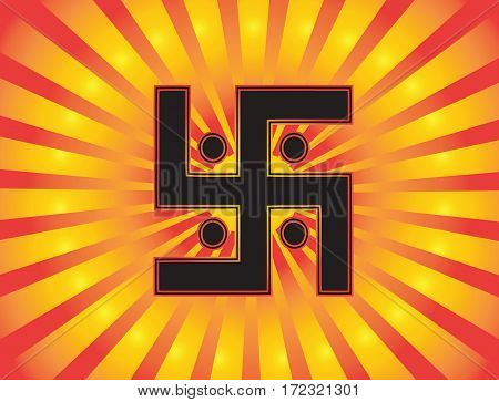 The most important symbol in the religion of Jainism -  the Sun Swastika. Gradient red and gold background, red and gold sun rays, vector