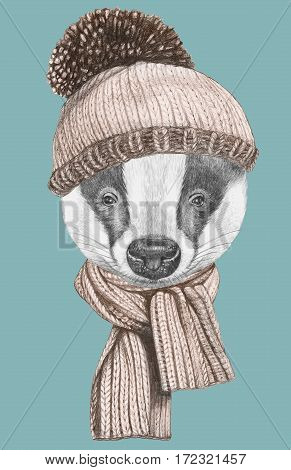 Portrait of Badger with hat and scarf. Hand-drawn illustration.