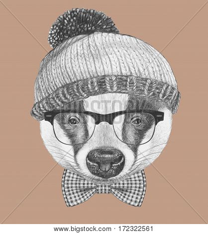 Portrait of Badger with glasses, hat and bow tie. Hand-drawn illustration.