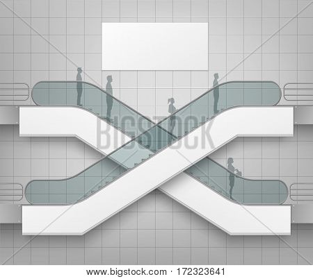 Vector Modern Escalator with Place for Advertising Side view Isolated on Office Mall Shopping Center Business Building Interior Background