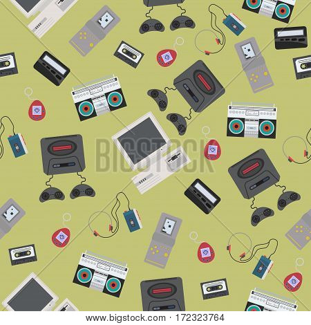 Seamless Pattern with Retro Media technology, flat icons set, vector illustration of tv, photo camera, cassette, radio tape recorder, microphone, diskette, headphones