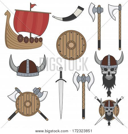 Set of color viking elements isolated on white background. flat style