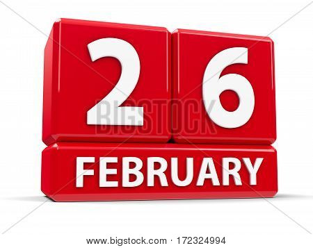 Red cubes - The Twenty Sixth of February - on a white table three-dimensional rendering 3D illustration