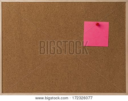 Pink Blank sticky notes red pinned into brown corkboard