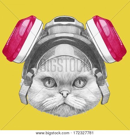 Portrait of Persian Cat with gas mask. Hand drawn illustration.