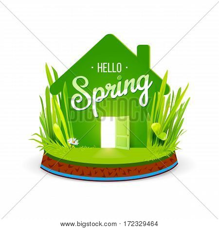 Green eco house icon with open door and grass isolared on white background. Hello Spring lettering. Vector illustration