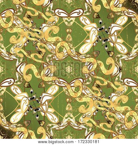Traditional Orient Ornament. Classic Vintage Background. Classic Vector Green And Golden Pattern.