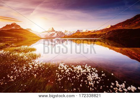 Great view of the snow rocky massif. Popular tourist attraction. Dramatic and picturesque scene. Location place Bachalpsee in Swiss alps, Grindelwald valley, Bernese Oberland, Europe. Beauty world.