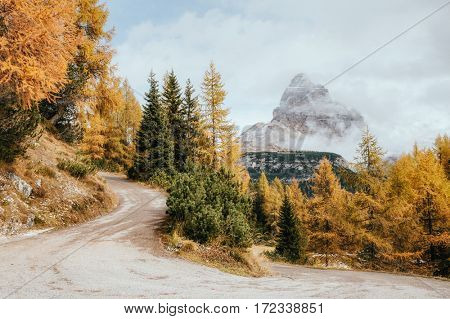 Scenic surroundings near the resort Misurina. Dramatic scene. Location National Park Tre Cime di Lavaredo, Dolomiti alp, Tyrol, Italy, Europe. Retro and vintage filter. Instagram effect. Beauty world.