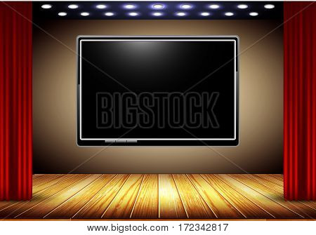 auditorium cinema system with screen, stage and red curtain