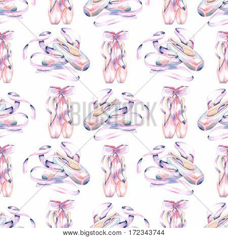 Seamless pattern with watercolor pointe shoes, hand drawn isolated on a white background