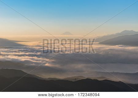 aerial Mount Fuji with Suwako Lake sunrise Takabochi in early morning Japan.