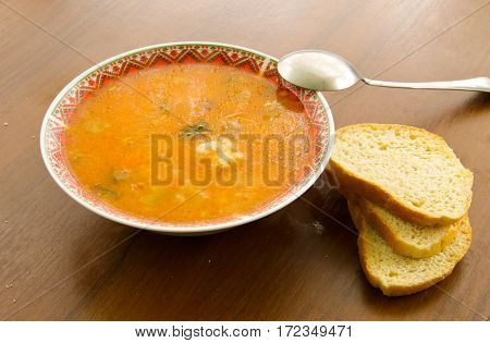 Traditional russian soup rassolnik with pickled cucumbers